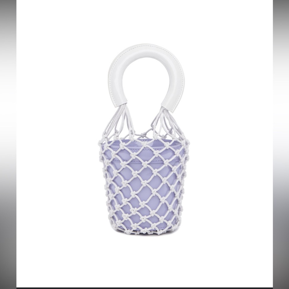 STAUD Moreau macramé bucket bag patent leather handles lavender $399 revolve